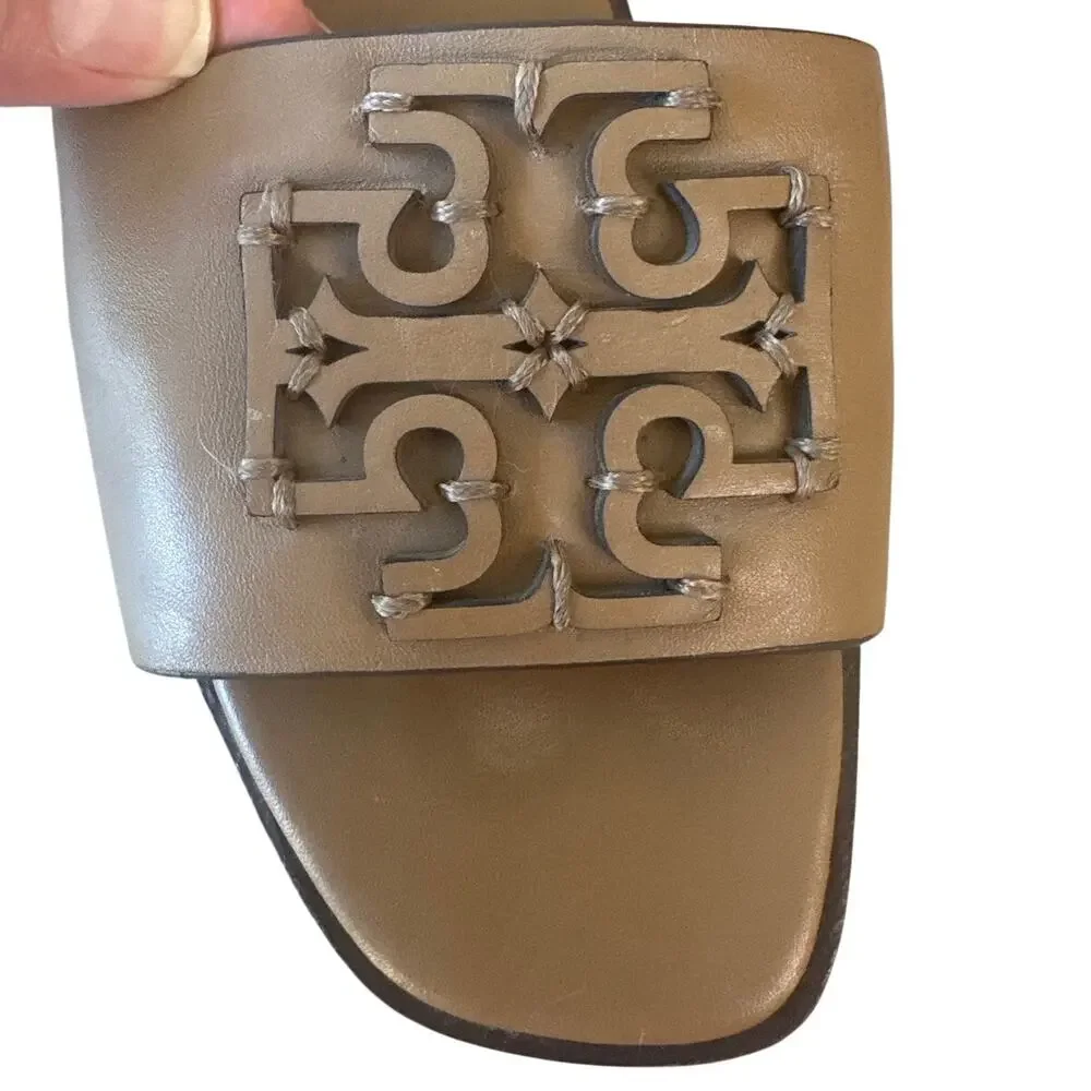 Tory Burch Ines Leather Slides Almond Beige Sandals 9